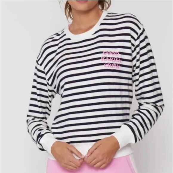 Spiritual Gangster Sweaters - Spiritual Gangster Good Karma Crew Stripe Pullover Navy White Women’s Small